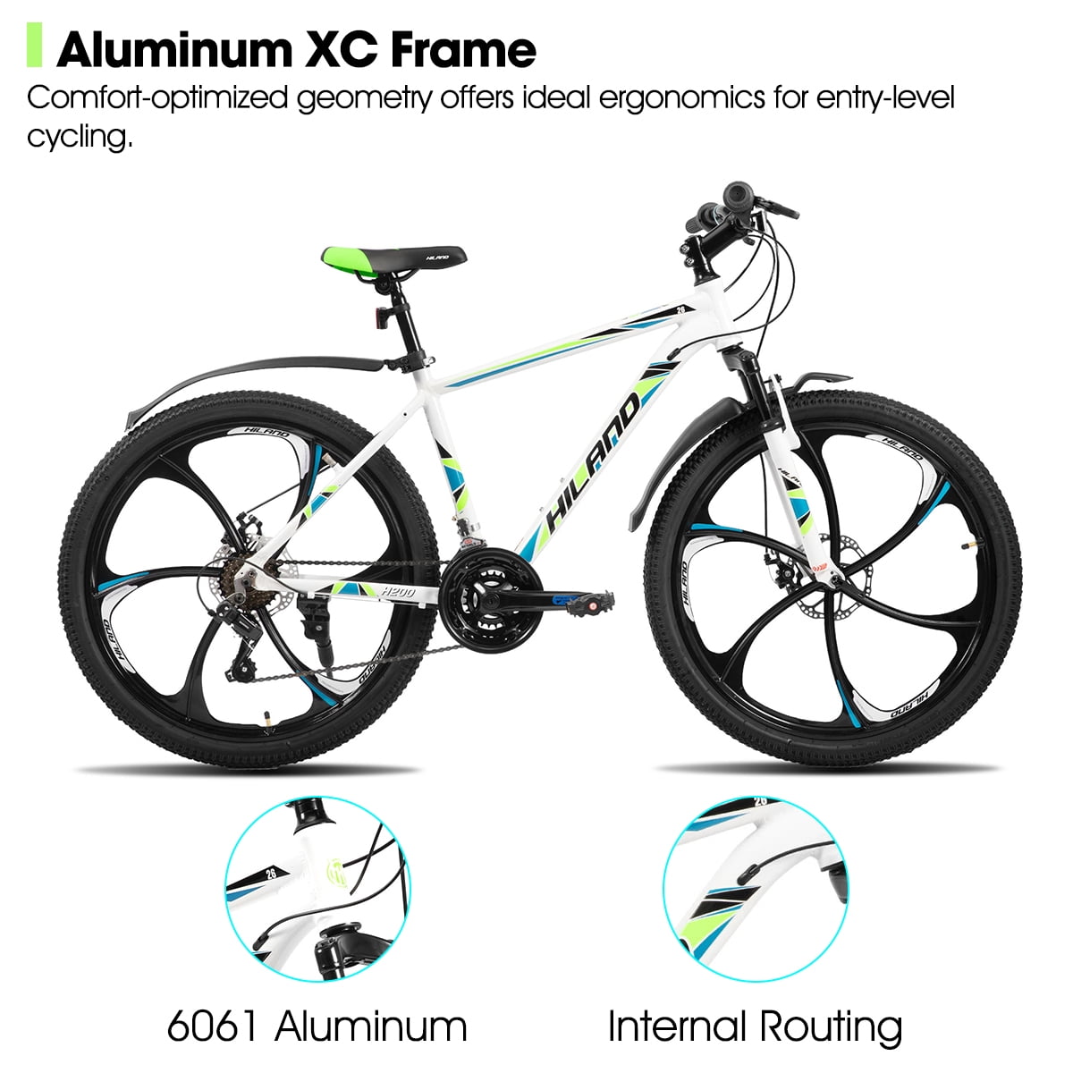 HILAND 26" MTB Mountain Bike for Men Women Adults, 18-Speed, Disc Brake, Lightweight Aluminum Frame, 3/6 Spoke Wheel