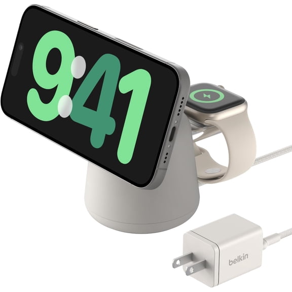 Open Box Belkin 2-in-1 MagSafe Wireless Charging Dock 15W Fast Charge iPhone Charger Compatible with iPhone 16, 15, 14, and 13 Series, AirPods, and Other MagSafe Enabled Devices, Includes Power Supply - Sand