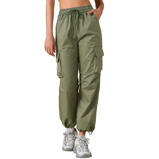 Pantalones cargo largos casuales de cintura alta con bolsillos para mujeres Y2K de INSPIRE CHIC, XS, color verde ejército