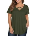 thumbnail image 2 of TQWQT Womens Plus Size Tops 4x-5x Summer Short Sleeve Tees Basic Plain T-Shirt V Neck Criss Cross Tunic Loose Fit Casual Tunic Tops Army Green L, 2 of 4
