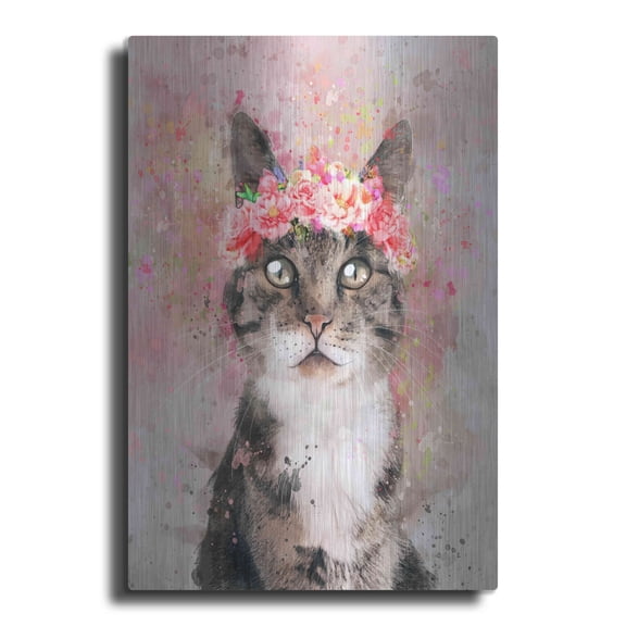 Luxe Metal Art 'Flower Crown Tabby Cat 2' by Furbaby Affiliates, Metal Wall Art, 12"x16"