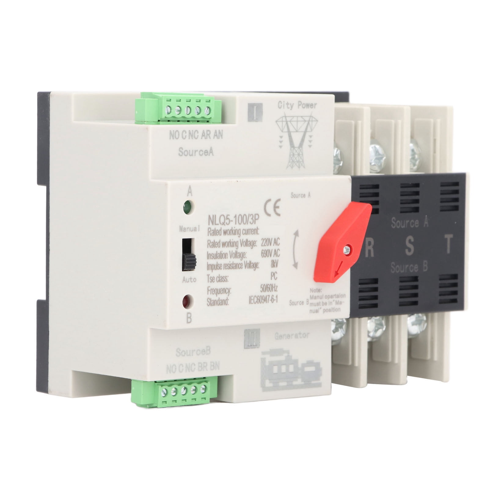 Transfer Switch, Dual Power Automatic Transfer Switch 3P Millisecond Fast Switching Timing Controller AC220V Rail Type ATS Mains to Motor (63A)