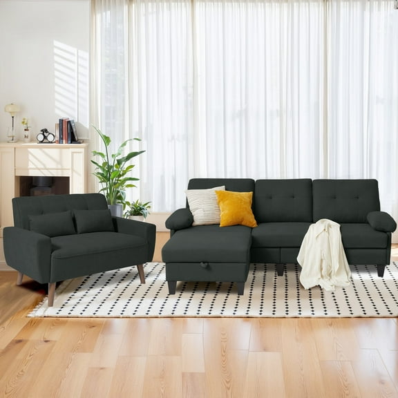 Soscana Living Room Furniture Set Sectional Sofa with Storage Ottoman and Loveseat,Modern L Shaped 3 Seater Couch and 2 Seater Small Sofa for Home Living Room Apartment Office Studio