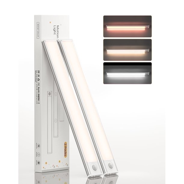 Luz Debajo del Gabinete 12" con Sensor de Movimiento, 81 LED, 3 Colores Regulables, Luz de Armario a Pilas y Recargable, Barra Magnética para Cocina y Pasillo – Paquete de 2