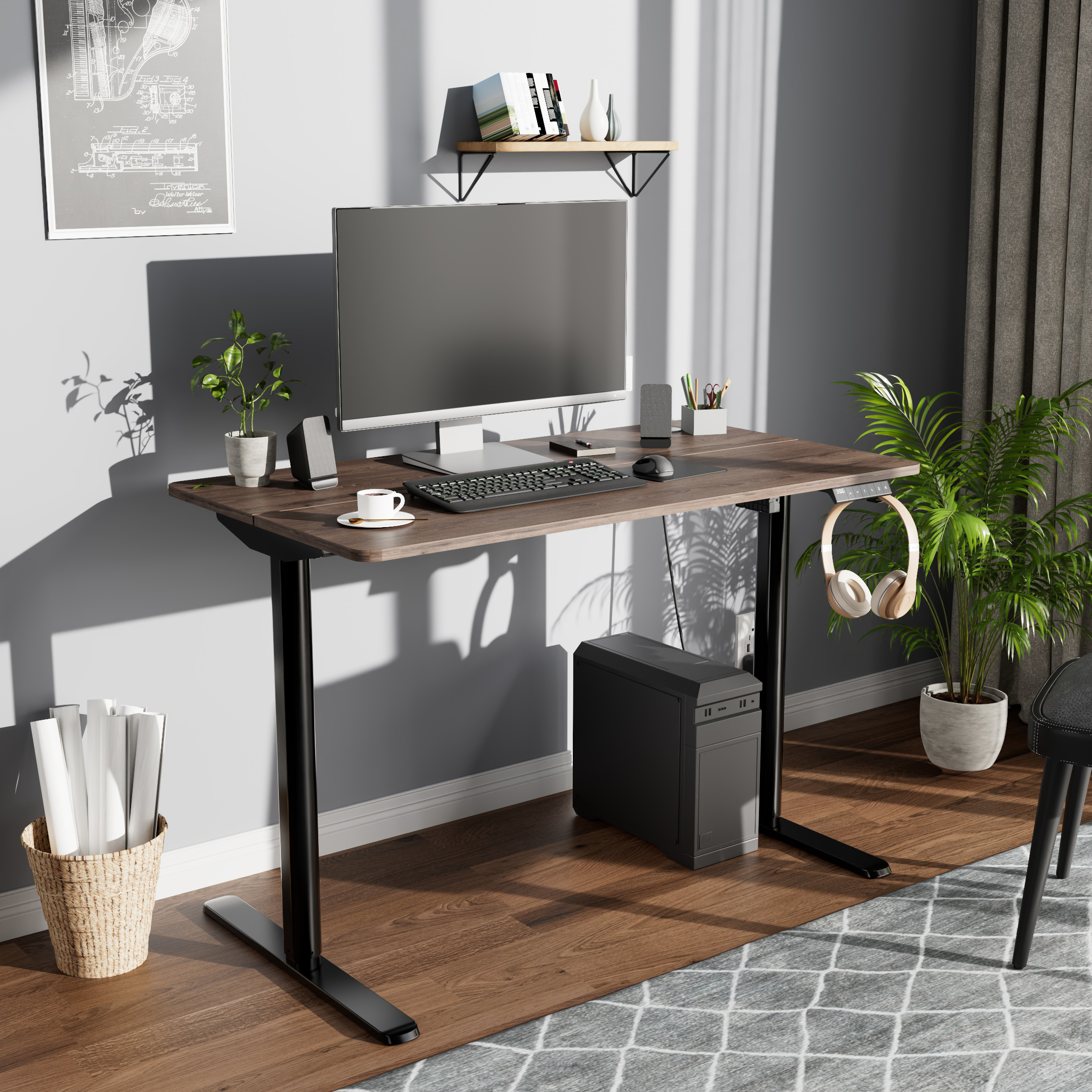 Mainstays Electric Standing Desk with Height Memory Presets, Headphone Hook and Cable Management, Canyon Walnut