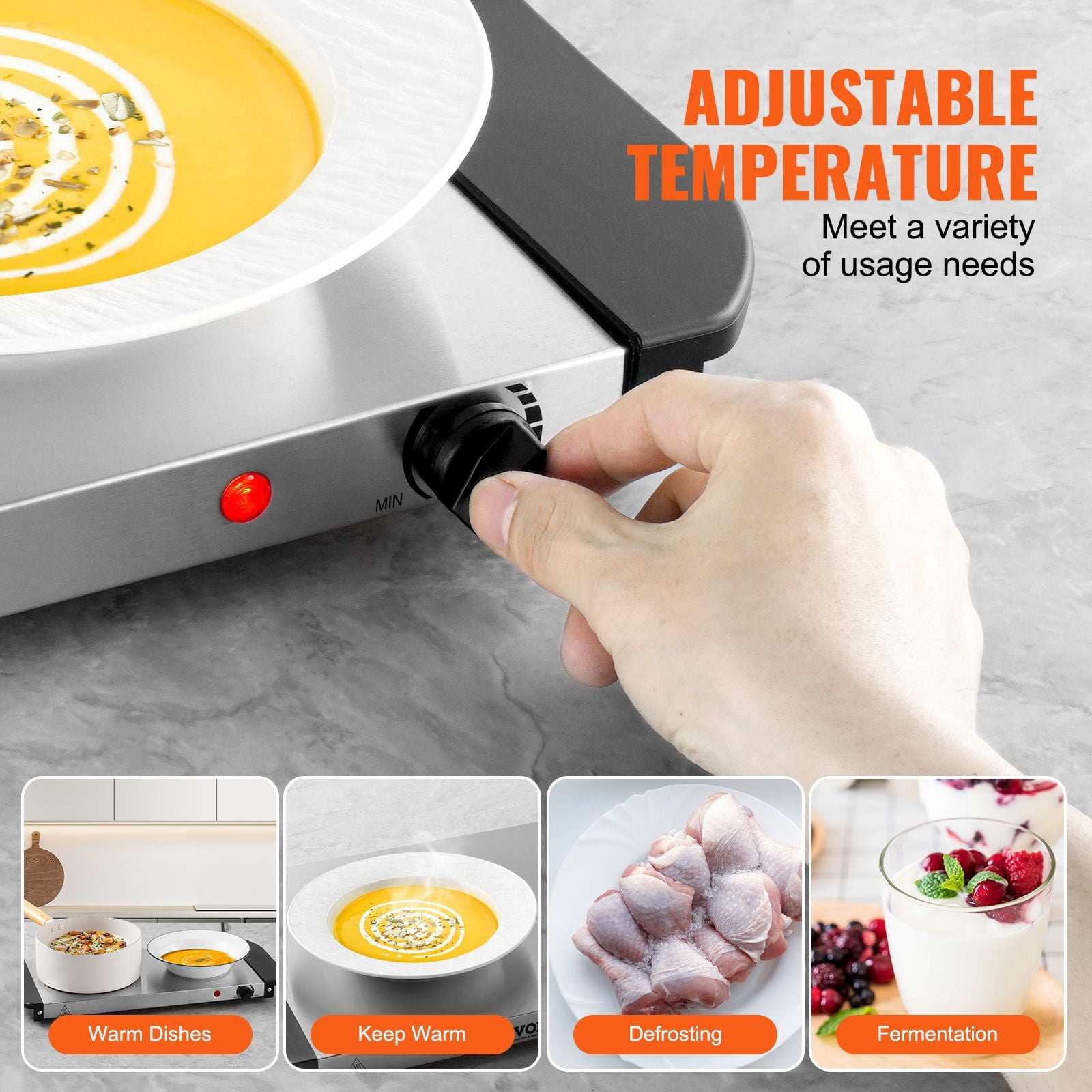 Electric Warming Tray 21.54x10.35 Inch Stainless Steel Metal Panel Mechanical Knob for Food Warming Defrosting