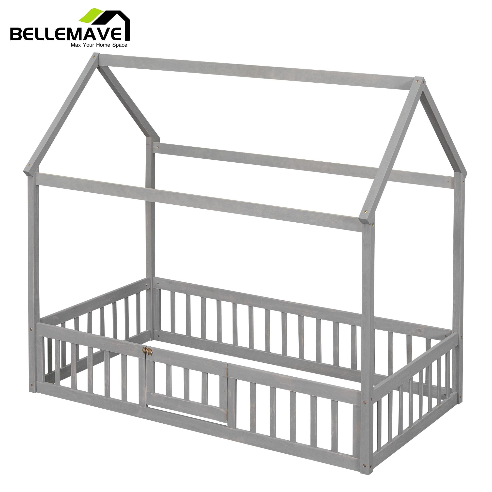 Twin Size Montessori Bed, Twin House Beds with Fence and Door, Floor Bed Twin with Rails (Gray)