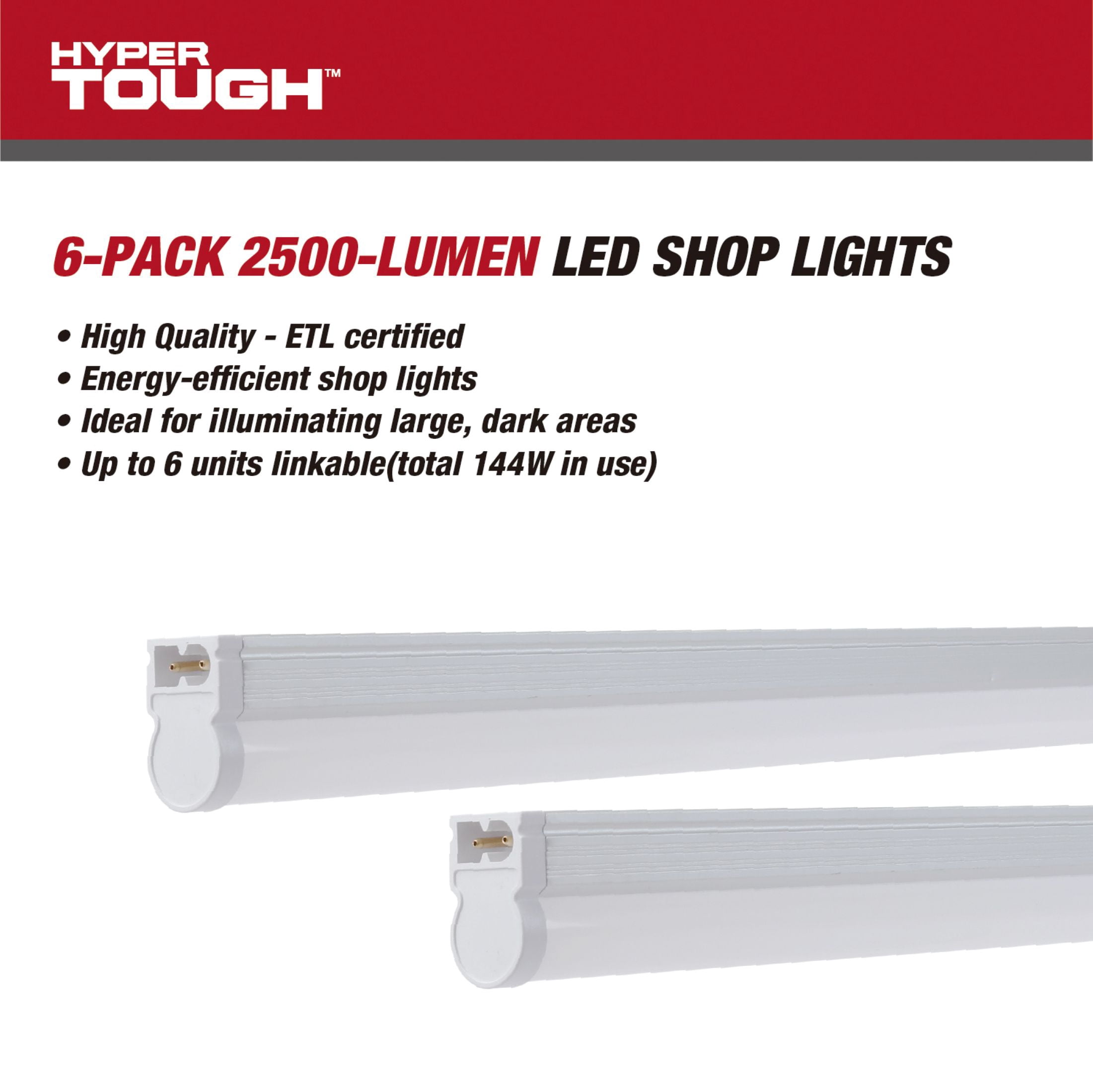 Hyper Tough LED 2500 Lumens 4-Foot T5 Dimmable Shop Lights, Pack of 6
