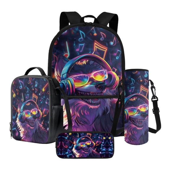 ZUXONGSY Wolf Sunglasses Music Note Print Kids Backpack for Boys Girls, Preschool Elementary School Bag Travel Bapack, 4Pcs Bookbag Set with Lunch Box Pencil Case and Water Bottle Holder