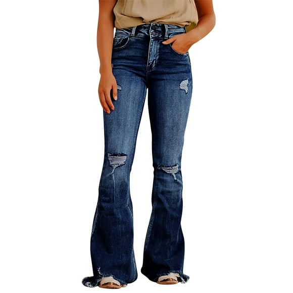 Bmisegm Women's Ripped Flared Jeans Washed Vintage Jeans Y2K Jeans for Women BU2 XL