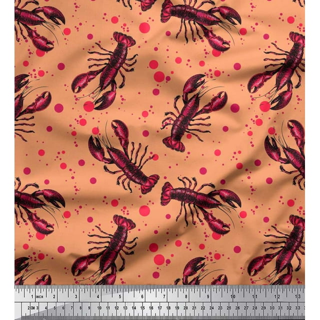 Soimoi Polyester Crepe Fabric Dot & Lobster Ocean Printed Craft Fabric by The Yard 42 Inch Wide