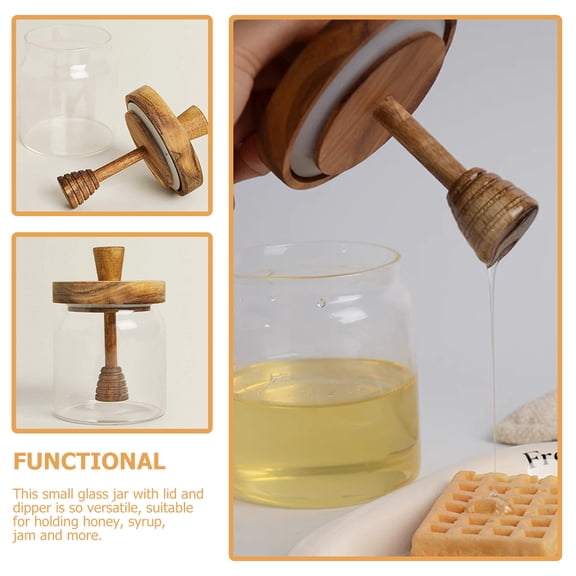 Honey Glass Jar Honey Pot Beehive Jar Glass Container with Lid Syrup Jar Holder Acacia Wood Cover Storage Bottle