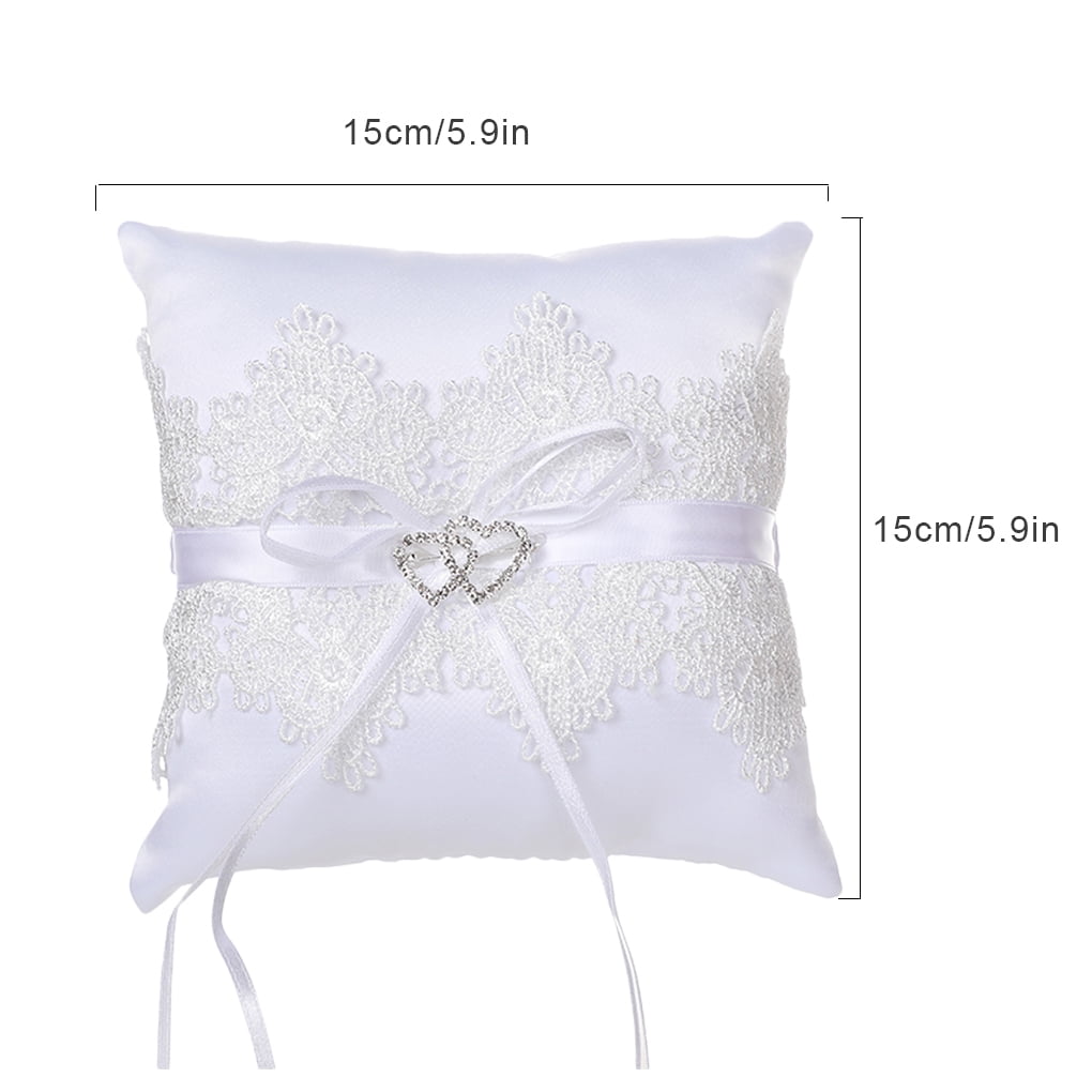 rongweiwang Lace Wedding Ring Pillow Crystal Double Heart Ring Cushion Bearer for Beach Wedding Ceremony