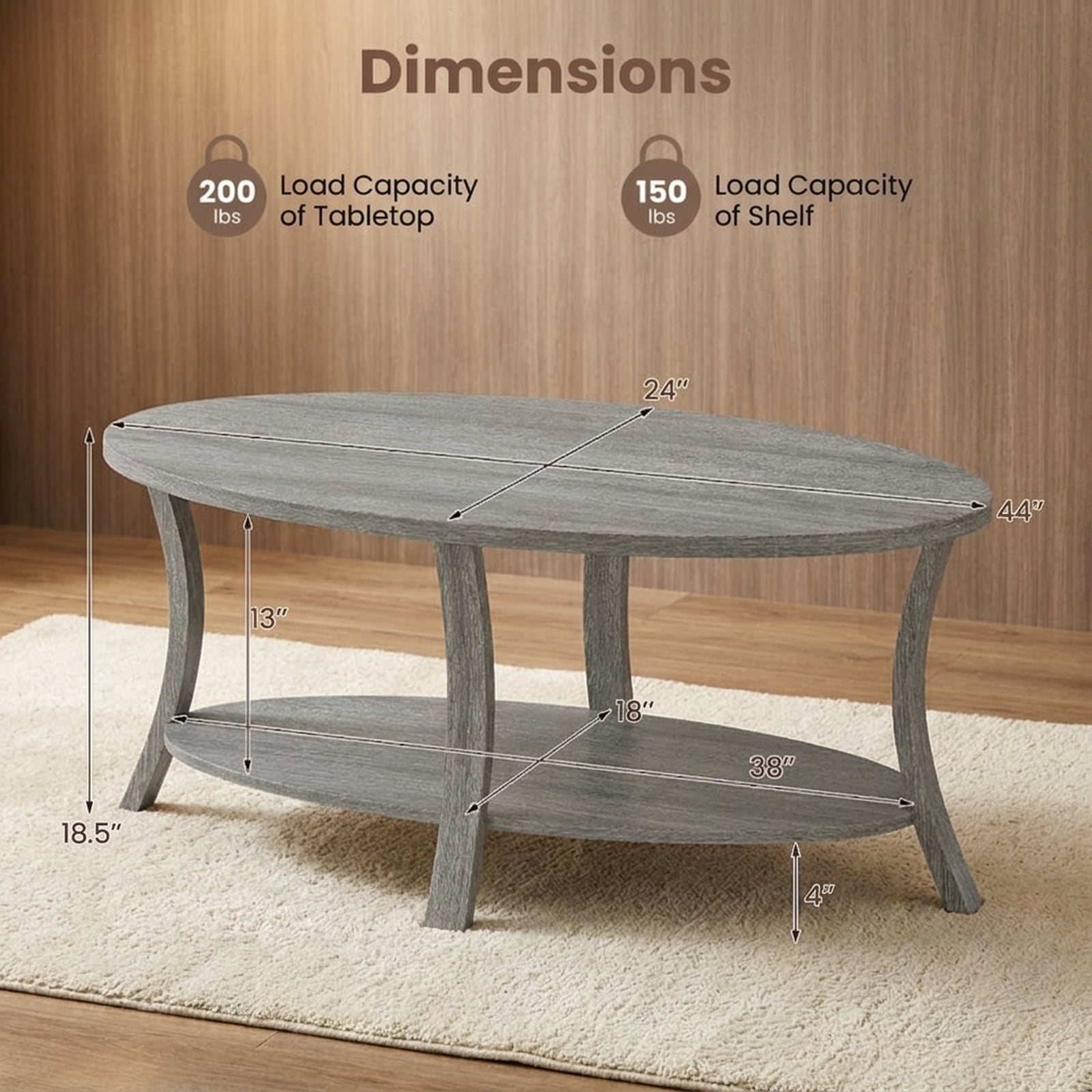 Furnibear Oval Coffee Table 2-Tier Center Table with Storage Shelf - Gray - Living Room Cocktail Center Table