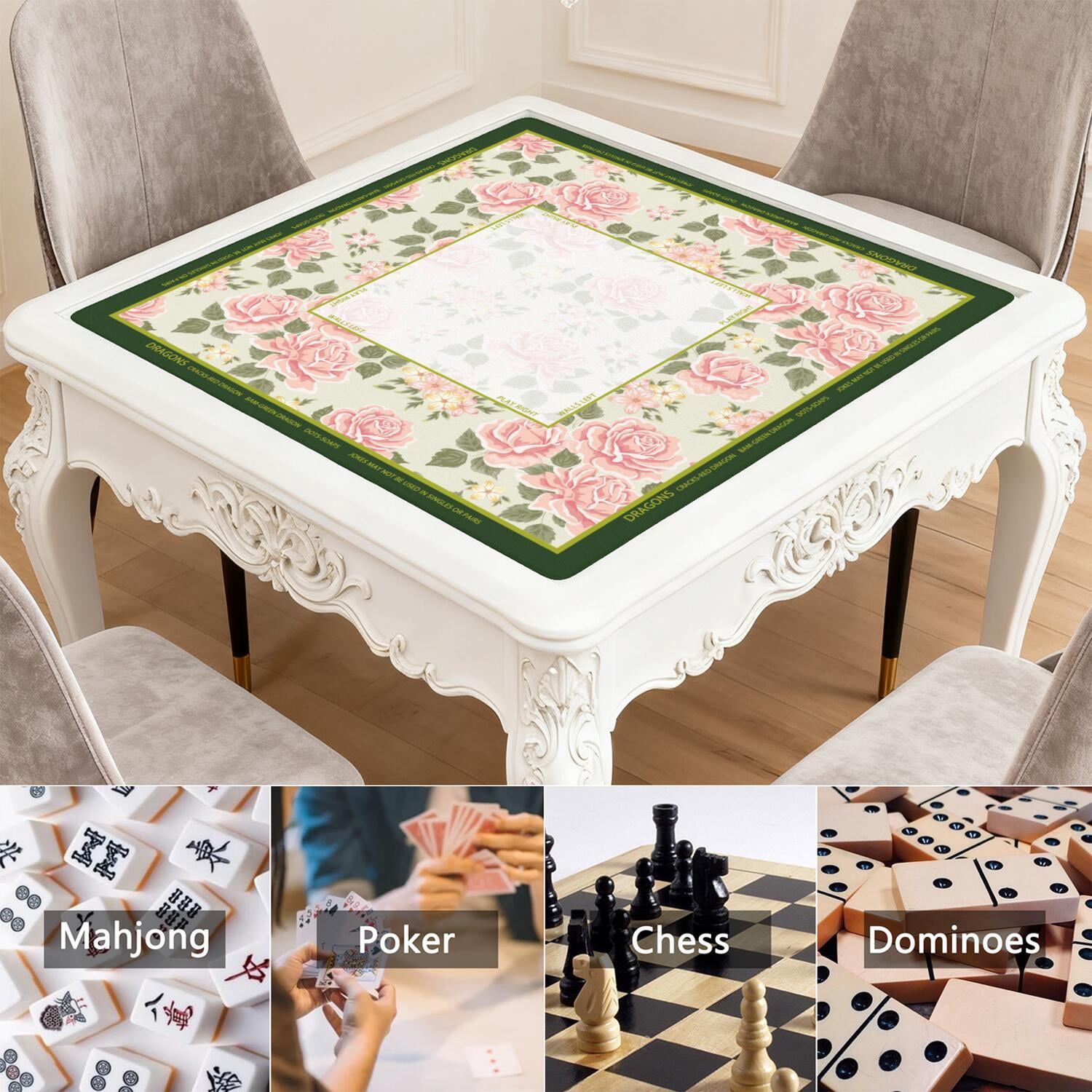 Floral Mahjong Mat with Rules, 31.5*31.5in Anti Slip American Mahjong Mat for Table, Noise Reduction, Neoprene Mah jongg Mats with Carrying Bag & 3 Dices, Mahjong Set Gift, Board Tile Games Mats