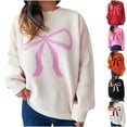 thumbnail image 2 of Fengactive Women's Cute Bow Print Loose Sweater Fall Long Sleeve Knit Crewneck Pullover Tops Home Daily Casual Outfits, 2 of 5