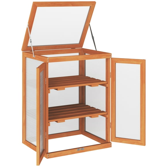 Outsunny Cold Frame Greenhouse with Wood Frame, 2 Shelves, Orange