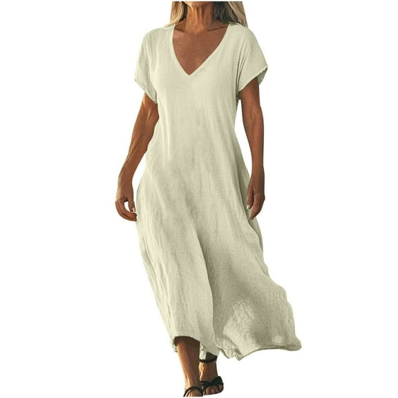 Womens Summer Dresses, Linen V Neck Short Sleeve Maxi Dress Elegant Loose Cocktail Wedding Guest Plus Size Beach Casual Long Sundress Burnt Orange For Women Sundresses Denim (XXL, Beige) ZMTing