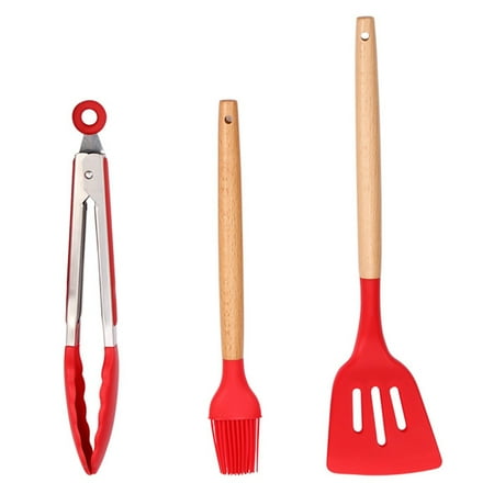 

3PCS Silicone Utensil Set Universal Food Tongs Rubber Spatula Oil Brush