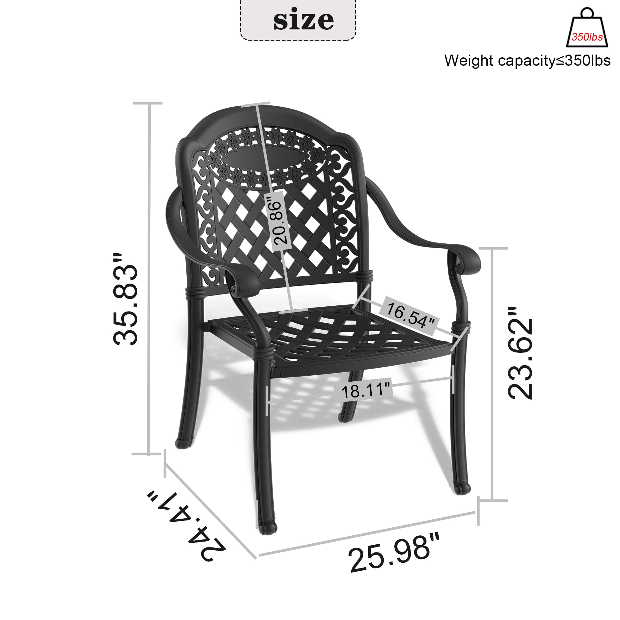 Cast Aluminum Patio Dining Chairs Set of 2 with Black Frame and Red Cushions for Garden Deck, Black