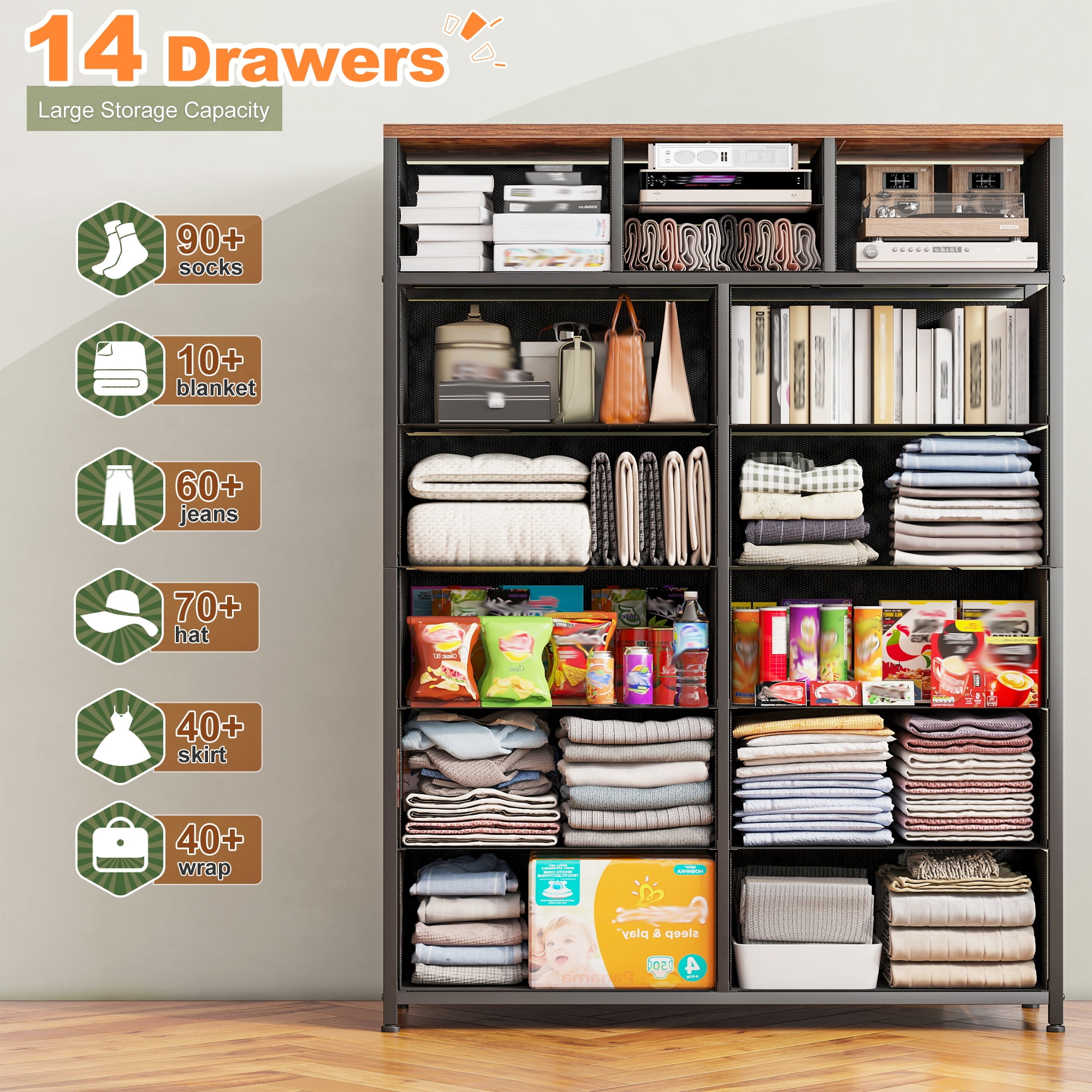 Tall Dresser for Bedroom with Fabric Drawers Dressers & Chests of Drawers for Closet, Sturdy Metal Frame, Wood Top, Rustic Brown