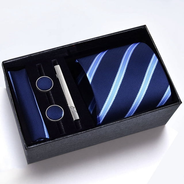 Cajas de regalo Corbata para hombre Bufanda cuadrada Gemelos Clip de corbata Conjunto de cinco piezas Negocios formales Rayas azules