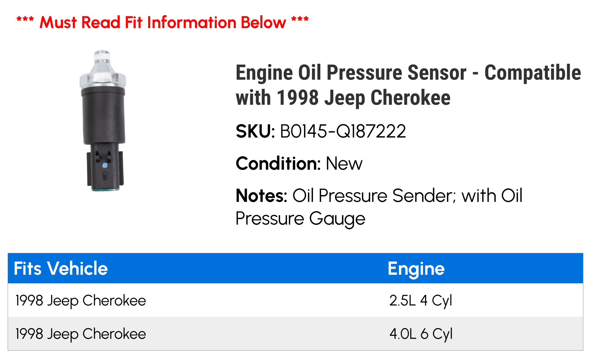 Engine Oil Pressure Sensor - Compatible with 1998 Jeep Cherokee