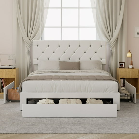 VECELO Queen Size Upholstered Bed Frame with 3 Drawes & Adjustable Headboard, Under Bed Storage, White