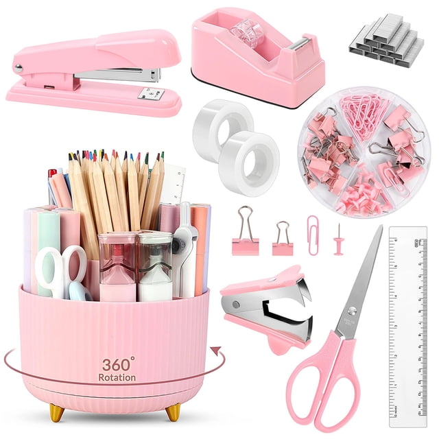 Juego de accesorios de escritorio SKYDUE Pink, 10 piezas con soporte giratorio para bolígrafos
