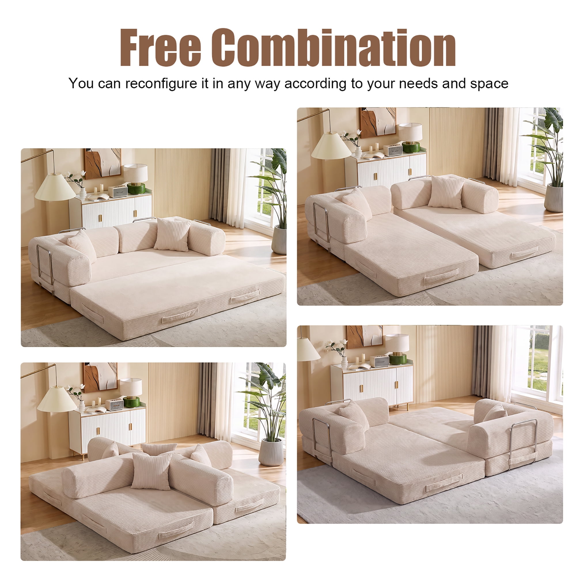 HOQBN Convertible Sofa Bed, Corduroy Fold Out Futon Sleeper Mattress with Pillows, Boneless Folding Floor Couch for Living Room Bedroom Beige