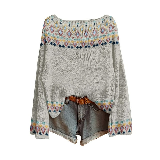 WTXUE Chandail Léger Décontracté Vintage Fair Isle pour Femmes Manches Raglan Col Rond Imprimé Artistique Tricoté Chandail Confortable Chaud Automne Hauts Bohème Tendance Western Blouses Décontractées Blanches TTG