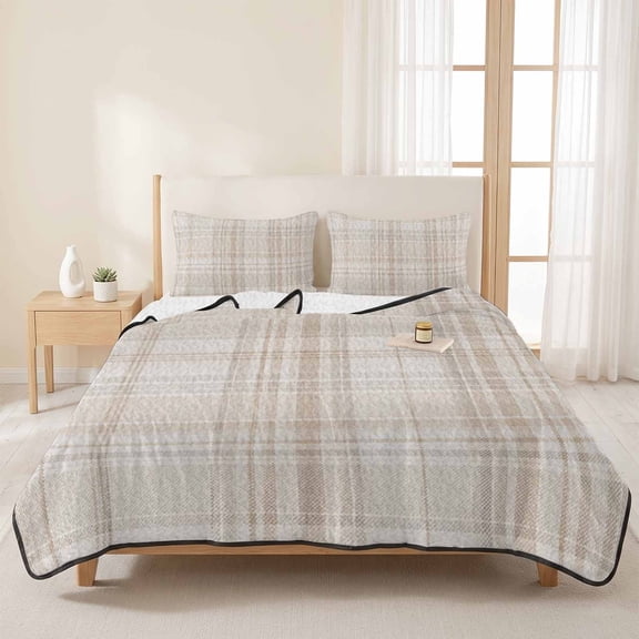 Queen Quilt Set, Farmhouse Tartan Beige Plaid Lightweight Quilt Sets Summer Comforter Coverlets with 2 Pillow Shams, Modern Minimalist Art Breathable 3 Piece Bedding Set for All Seasons