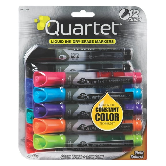 Quartet EnduraGlide Dry Erase Marker, Chisel Tip, Assorted Colors, 12/Set