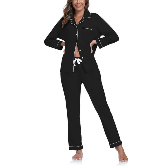 COLORFULLEAF Ensemble de Pyjama à Manches Longues 100 % Coton pour Femmes, Col Cranté Boutonné, Vêtements de Nuit Doux avec Poches (Noir, m)