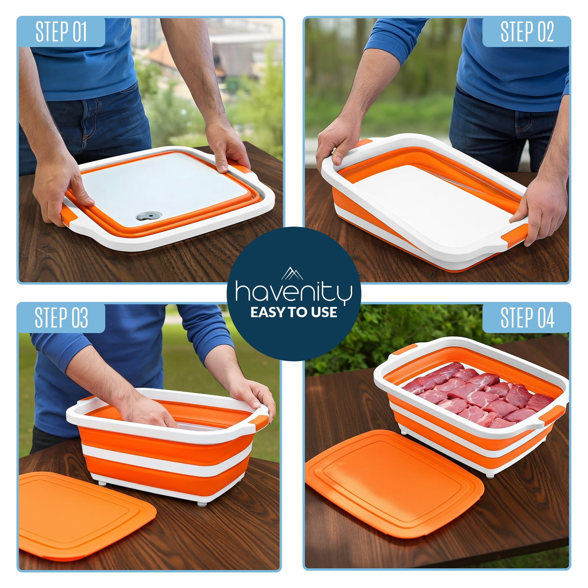 Havenity Bbq Prep Tub 2 Pack Orange (16l+16l) - Multifunctional Collapsible Camping Cutting Board with Lid