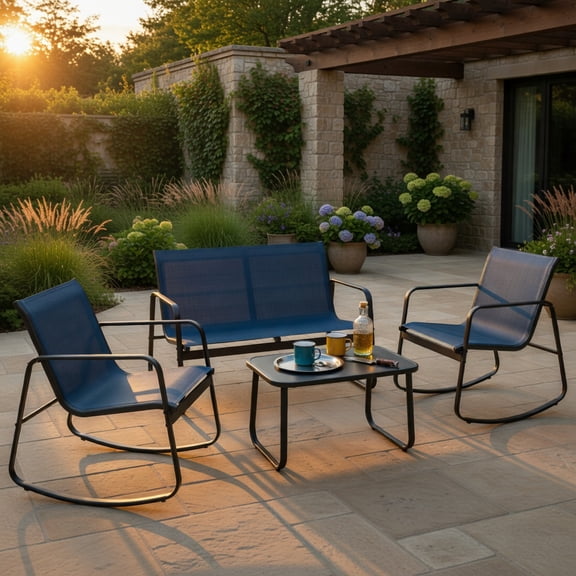 GVN Backyard Furniture Sets,Outdoor Furniture Sets,4 Piece Patio Rocking Set with Glass-Top Table-Navy