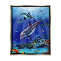 Stupell Industries Aquatic Dolphins & Fish Coastal Painting Gray Floater Framed Art Print Wall Art