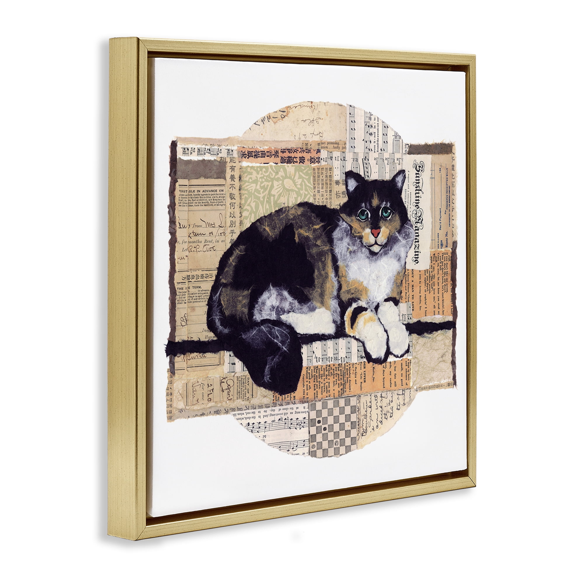 Stupell Industries Cat with Vintage Collage Animals & Insects Painting Gold Floater Framed Canvas Art Print Wall Art, 25 x 25
