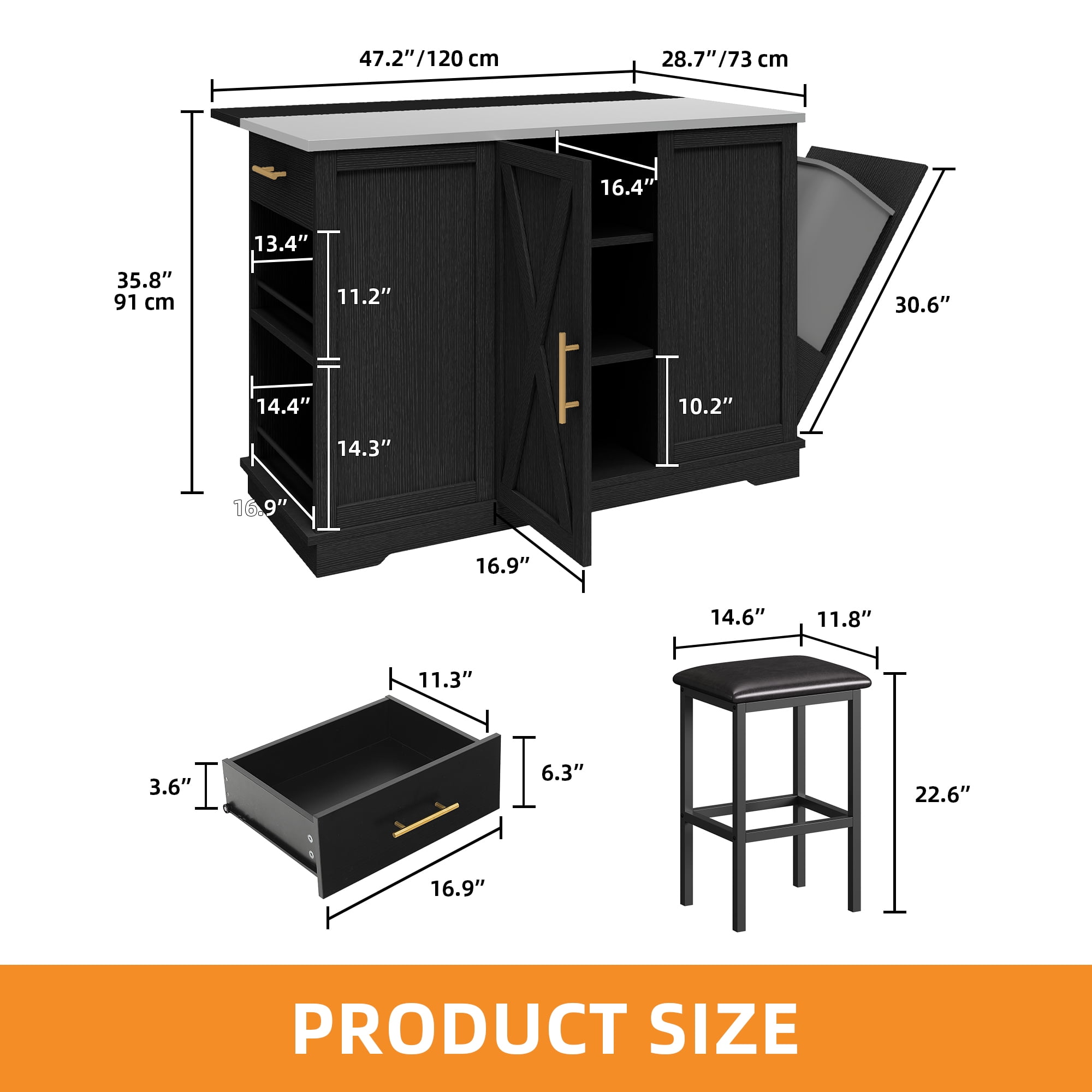 Craftian Kitchen Island with Drop Leaf & Trash Storage, Kitchen Island Table with Stools, Black