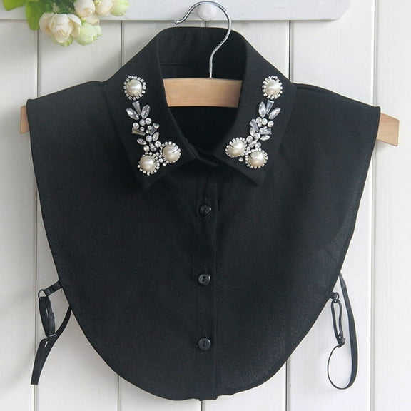 Women's Embellished Detachable False Collar, Pearl and Rhinestone Chiffon Collar, Elegant Wedding Blouse Accessory, Adjustable Mock Neck Piece for Dresses and Sweaters - Black