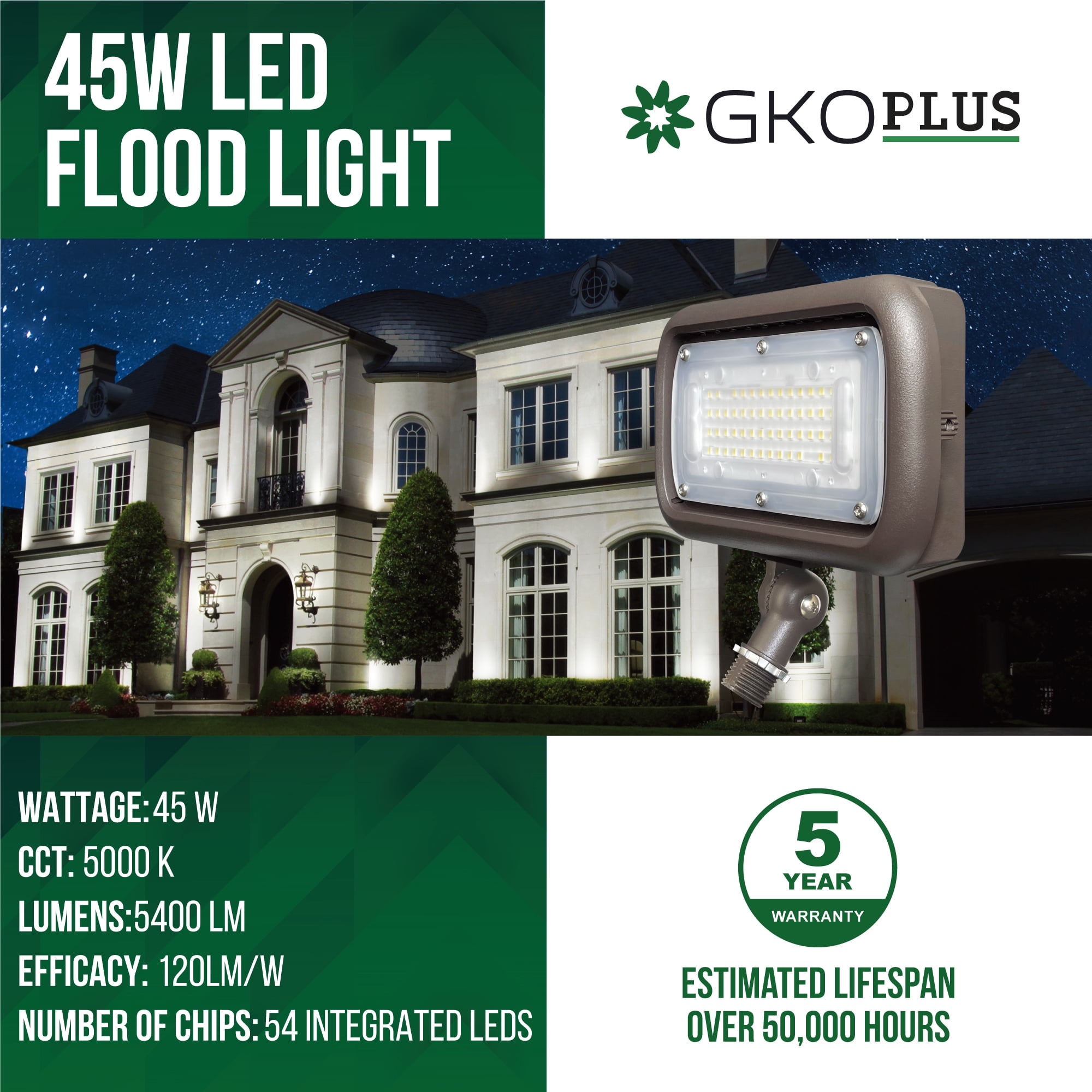 GKOplus 45W Outdoor Security LED Flood Lights 120-277V, Waterproof, 150W PSMH Equivalent, 5400 Lumens, 5000K Daylight White, 70CRI, UL-Listed, 1/2" Adjustable Knuckle Mount, 5 Years Warranty