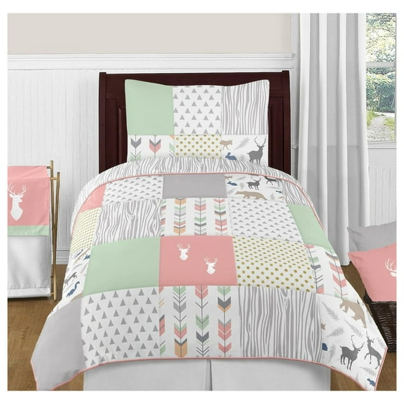 Coral, Mint and Grey Woodsy Deer Girls 4 Piece Kids Childrens Bedding Set