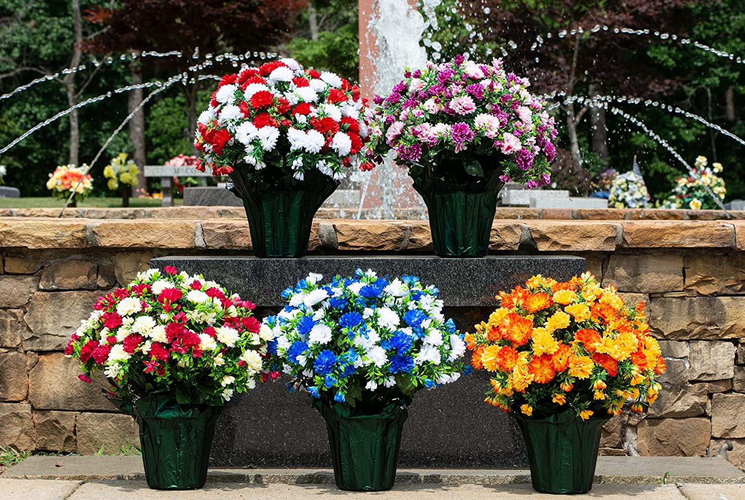 Sympathy Silks Artificial Flowers Weighted Pot Bouquet Decoration - Height 18"-20" - Fade Resistant - Home Decor, Office, or Memorial - 2 Pack of Pink and Purple Mum Pots