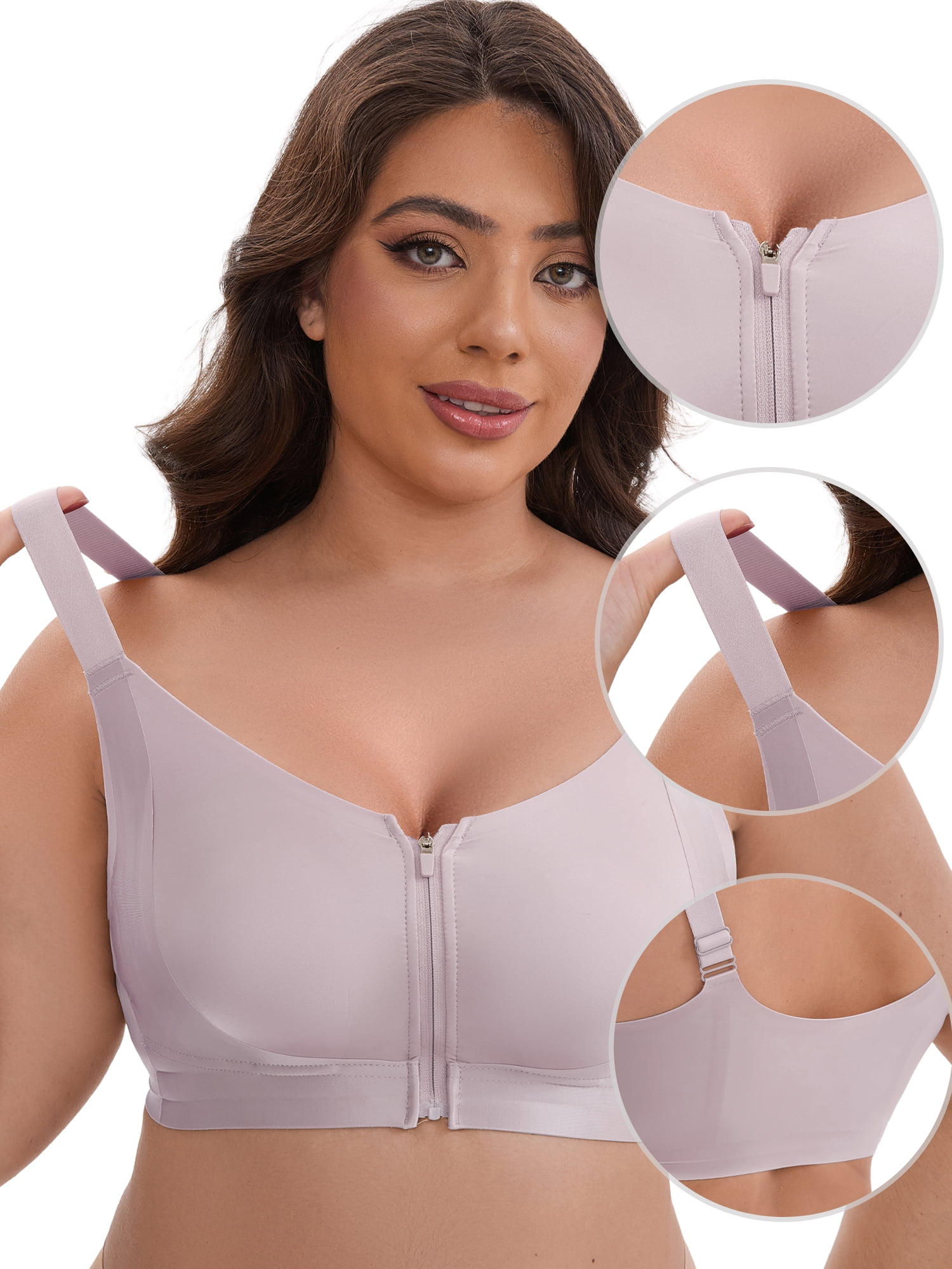 DARING DIVA Zip Front Lift Up Wirefree Full Soft Cup Breathable Bras S Gray
