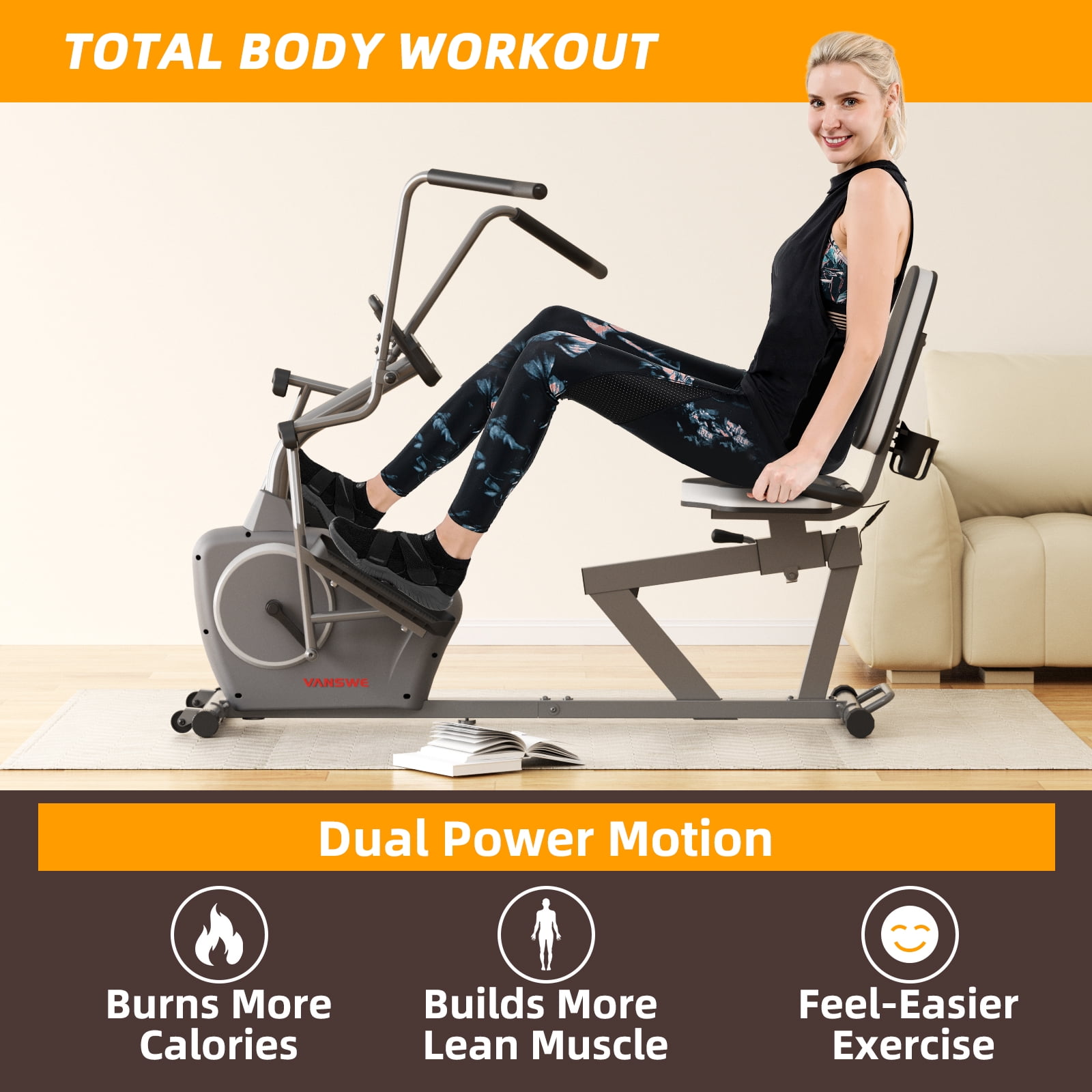 Vanswe Recumbent Elliptical Exercise Bike with Arm Exerciser for Home Training Cardio Workout