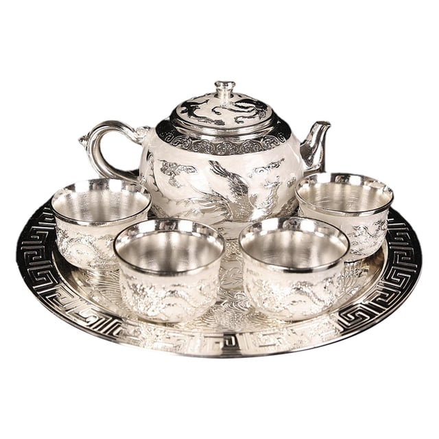 Juego de tetera de estilo bandeja, juego de té para adultos, tazas de té de agua potable, regalo Blanco plateado Zulema Bandeja de tetera
