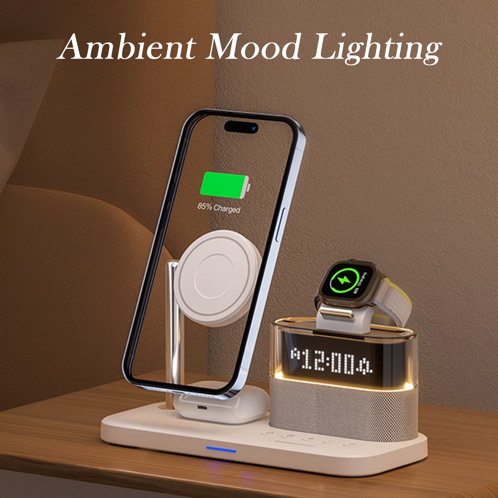 4 in 1 Wireless Charging Station Alarm Clock, Charging Dock for Apple Devices, Charger Stand for iPhone 16 15 14 13 12 11 Pro Max for Apple Watch & AirPods