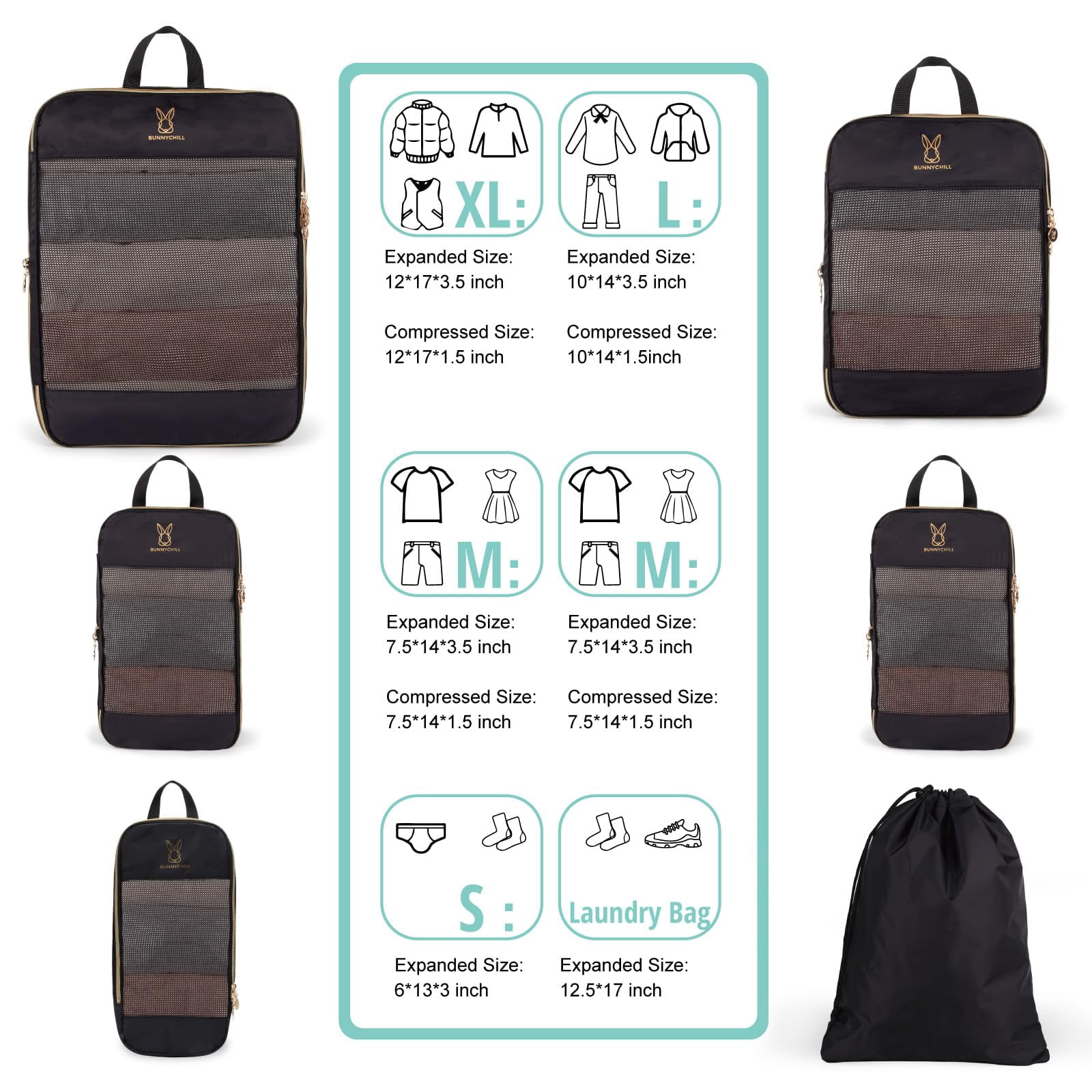 TRIPGEAR 6 Set Expandable Compression Packing Cubes, Lightweight Travel Organizer Bags