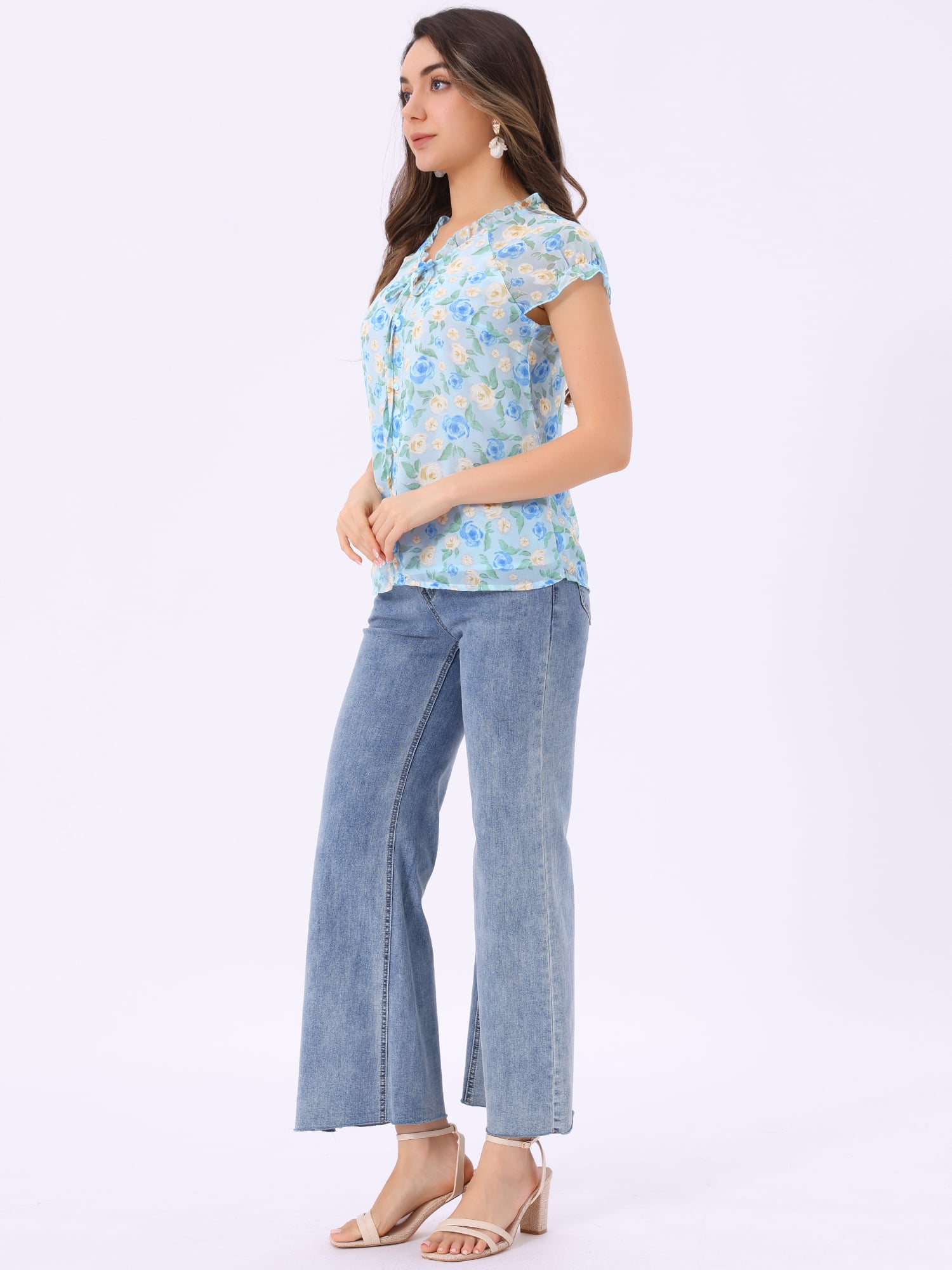 DARING DIVA Ruffle V Neck Cap Sleeve Chiffon Floral Blouses S Sky Blue
