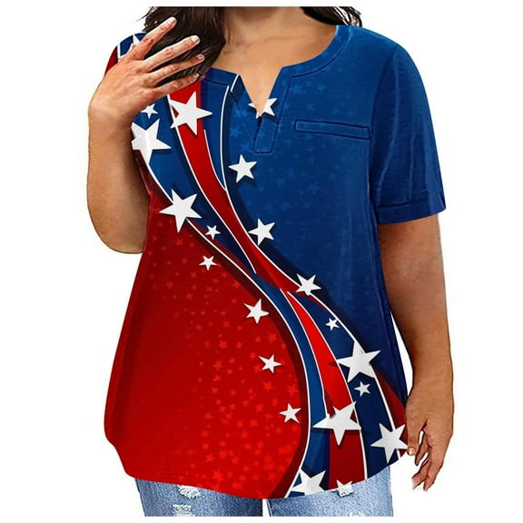 Penkiiy Plus Size Patriotic Shirts for Women V Neck 4th of July America Flag Vintage Blouse Summer Independence Day T-Shirts Memorial Tops Tee 5XL Blue